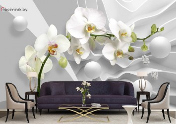 Фотообои 3Д белая орхидея в интерьере